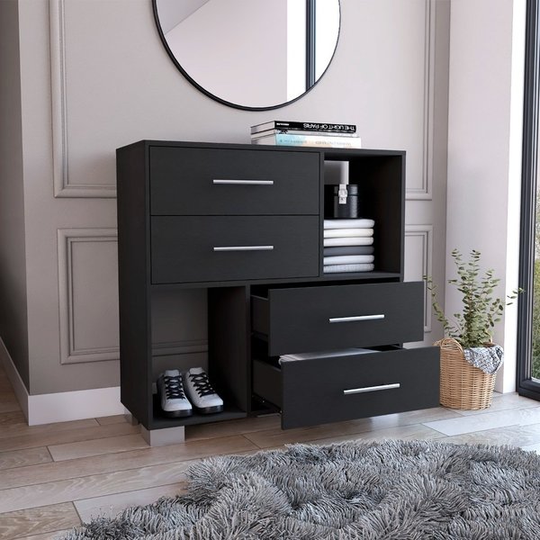 Tuhome Krista Dresser, Two Open Shelves, Four Drawers, Black CLW7158